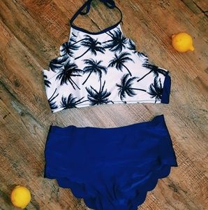 Navy Blue 2 Piece Bathing Suit High Waisted